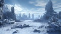 Frozen alien planet - A Fantasy Landscape with blue skies and ruins in the snow Royalty Free Stock Photo