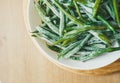 Frozen asparagus beans on a white plate. Vegetarian dish for improvement of health