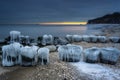 Frozen Baltic Sea beach in Babie DoÃây at sunset, Gdynia. Poland