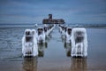 Frozen Baltic Sea beach in Babie DoÃây at sunset, Gdynia. Poland