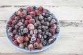 Frozen berries fruits background in ceramic plate close up.Fruits with frost. on vintage white wooden planks, blank space for text Royalty Free Stock Photo