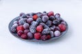 Frozen berries in a gray plate on a white background.