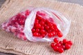 Frozen berries of a viburnum in a bag on a table Royalty Free Stock Photo