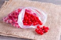 Frozen berries of a viburnum in a package on a table Royalty Free Stock Photo