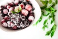 Frozen berries on white square plate and buncht of mint on white Royalty Free Stock Photo
