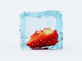 Frozen berry in ice cube. Strawberry.