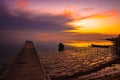 frozen boat in winter on the lake at sunrise Royalty Free Stock Photo