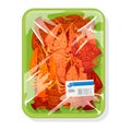 Frozen boiled red crayfishes are on green plastic tray covered with polyethylene food wrap.