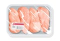 Frozen boneless chicken breasts, poultry fillet on plastic tray wrapped up transparent kitchen film.