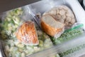 Frozen bread in the home freezer, baguette in reserve on a shelf of a home freezer, long food storage concept