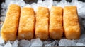 Frozen breaded fish fingers on ice Royalty Free Stock Photo