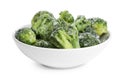 Frozen broccoli in bowl isolated on white. Vegetable preservation Royalty Free Stock Photo