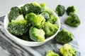 Frozen broccoli florets on table, closeup. Vegetable preservation Royalty Free Stock Photo