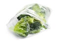 Frozen broccoli in plastic bag isolated. Vegetable preservation