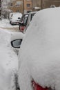 Frozen car covered snow in winter day, view side window on snowy forest background Royalty Free Stock Photo