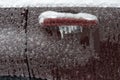 Frozen car door closeup, icicles, ice crystals, jammed lock Royalty Free Stock Photo