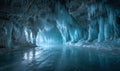 A frozen cave with ice formations hanging from the ceiling Royalty Free Stock Photo