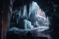 frozen cave, with the stalactites and stalagmites formations visible, casting a mystical light