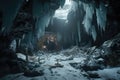 frozen cavern, with broken ice and shattered pieces on the floor