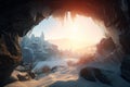 frozen cavern, with distant view of the sun rising over the horizon