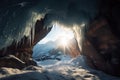 frozen cavern, with distant view of the sun rising over the horizon