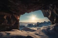 frozen cavern, with distant view of the sun rising over the horizon