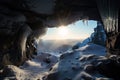 frozen cavern, with distant view of the sun rising over the horizon