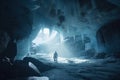 frozen cavern, with ghostly figure gliding through the frozen landscape