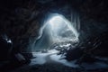 frozen cavern, with moonlight shining through the entrance, casting a mysterious and ethereal glow