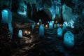 frozen cavern, with row of glowing lanterns, illuminating the way