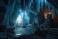 frozen cavern with towering pillars and shards of ice, the perfect backdrop for a princess or knight