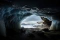 frozen cavern, with view of distant landscape visible through the ice