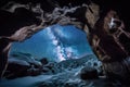 frozen cavern, with view of distant starry sky, and celestial bodies visible