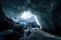 frozen cavern, with view of distant sun or moon shining through the entrance