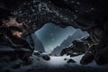 frozen cavern, with view of the night sky and glittering stars