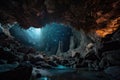 frozen cavern, with view of the night sky and glittering stars