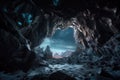 frozen cavern with view of the night sky, stars shining above