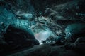 frozen cavern with view of the night sky, stars shining above