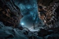 frozen cavern, with view of the night sky and stars visible above