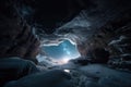 frozen cavern, with view of the night sky and stars visible through its roof
