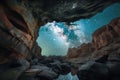 frozen cavern, with view of the sky above, and stars shining brightly