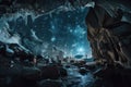 frozen cavern, with view of the stars and celestial bodies above