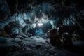 frozen cavern, with view of the stars and planets visible through its ceiling