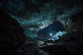 frozen cavern, with view of the stars and planets visible through the opening in the ceiling