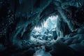 frozen cavern, with view of vast and starry sky, highlighting the coldness and beauty of the environment