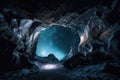 frozen cavern, with view of vast and starry sky, highlighting the coldness and beauty of the environment