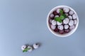 Frozen cherries with sprigs of mint in a white bowl on a gray background.