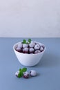 Frozen cherries with sprigs of mint in a white bowl on a gray background.