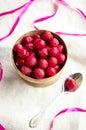 Frozen cherries in a wooden bowl Royalty Free Stock Photo