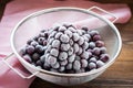 Frozen cherry berries in sieve